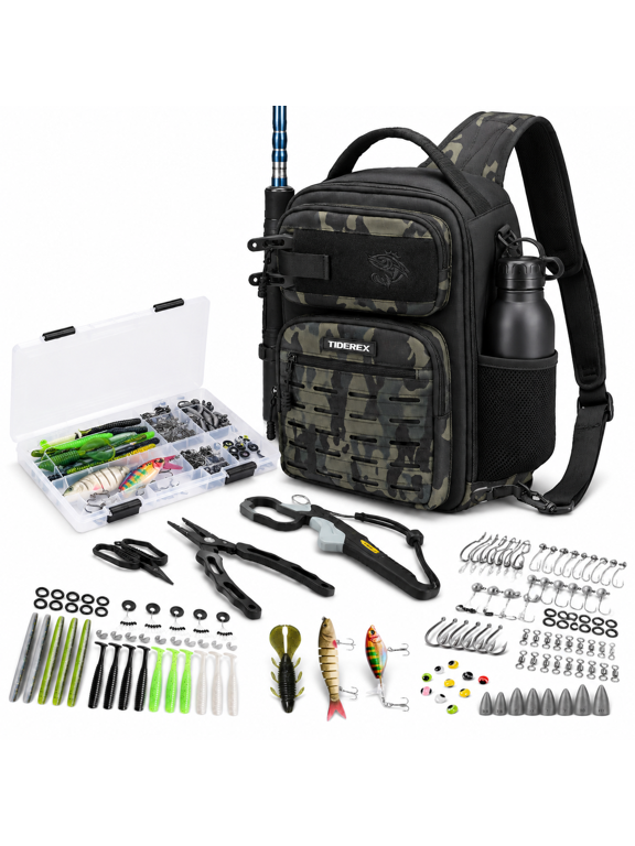 Black Camo Fishing Sling Bag with 3500 Tackle Box and Gear Kit