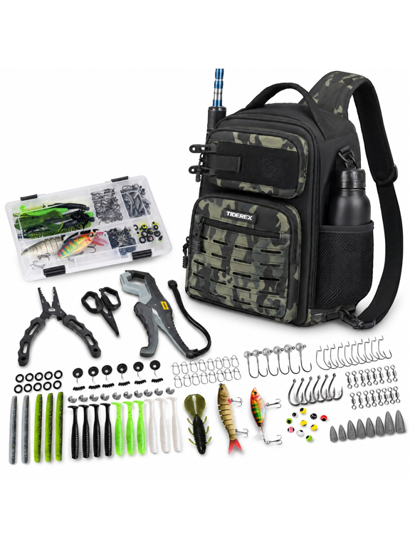 Black Camo Fishing Sling Bag with 3500 Tackle Box and Gear Kit
