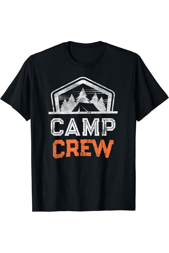 Black Camp Crew T-Shirt with Mountain Graphic Design for Summer Camping Adventures