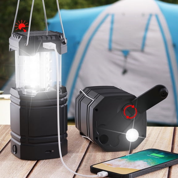 Black Camping Lantern 3000mAh Hand Crank Solar Portable LED Light