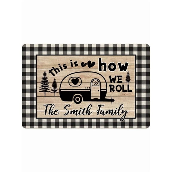 Black Camping Rug Welcome RV Doormat Personalized Last Name Non-Slip Outdoor Mat Campsite Decor 30X18