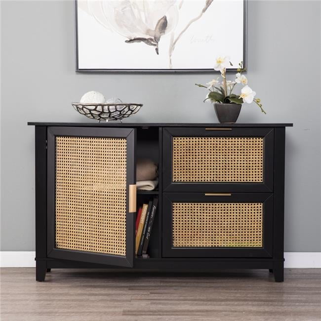 Transitional Black and Natural Finish Cane Bamboo Accent Cabinet