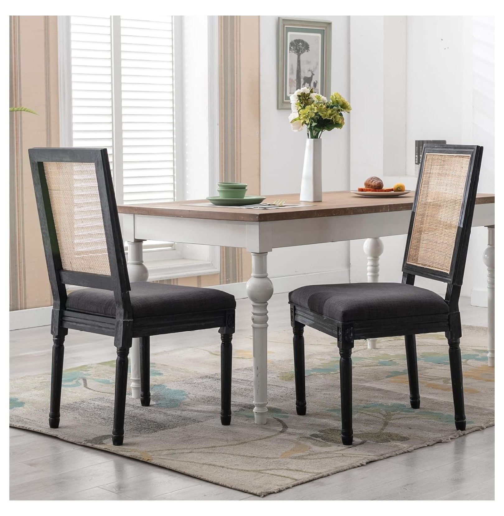 Black Cane Dining Chairs Set of 2, French Country Dining Room Chairs