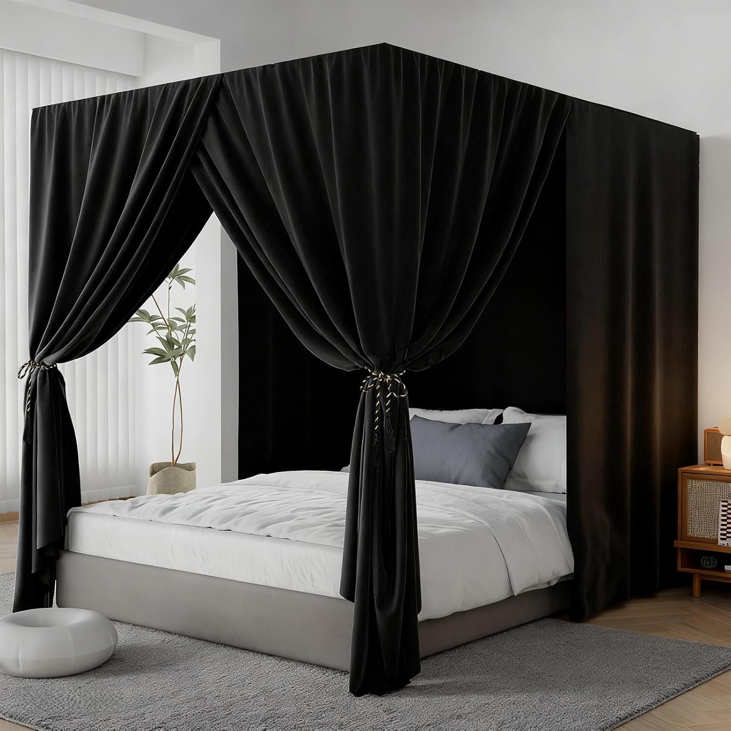 Black Canopy Bed Curtains - 4 Corner Post Bed Curtains Full Lightproof Siamesed Drapes Bed Canopy for Adults & Girls Bedroom Decoration(Black,Full)