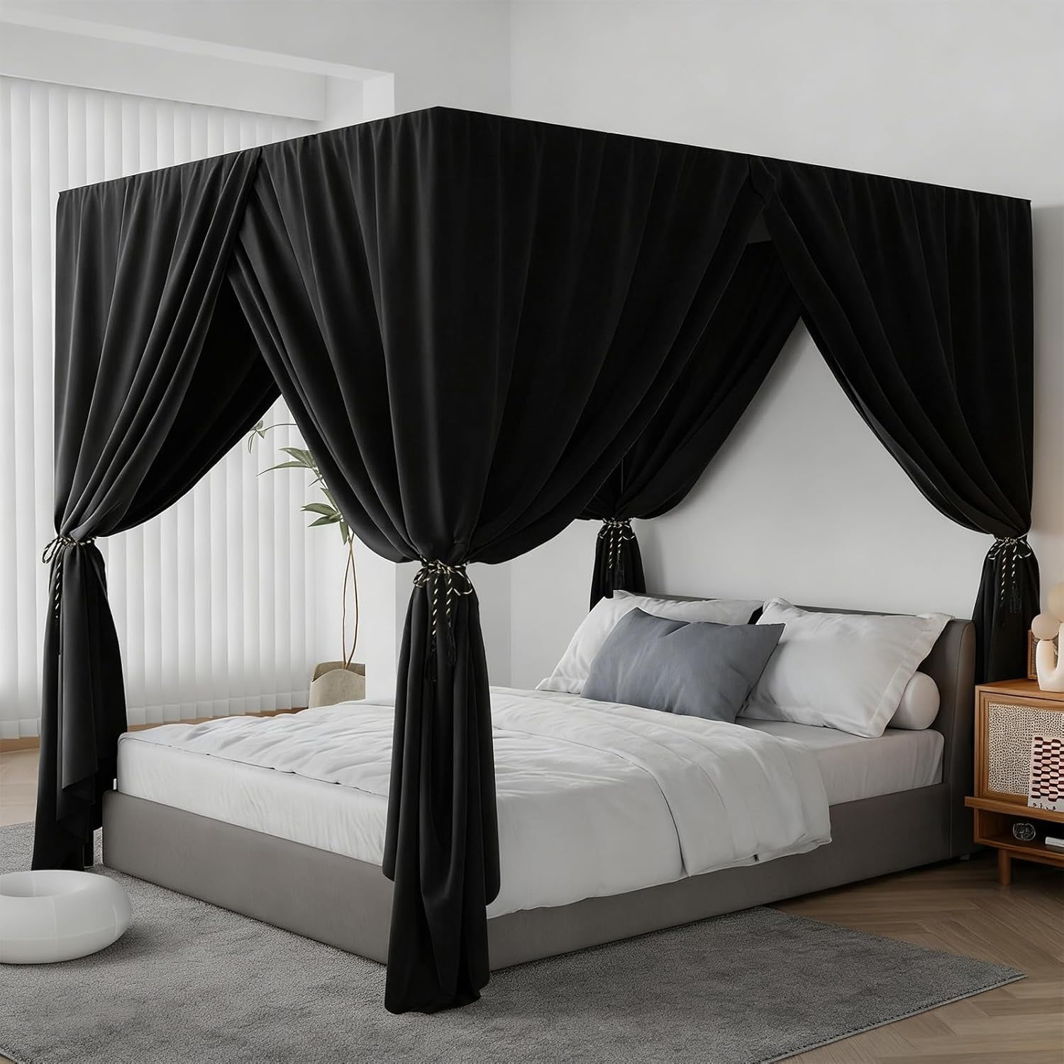 Black Canopy Bed Curtains - 4 Corner Post Bed Curtains King Lightproof Siamesed Drapes Bed Canopy for Adults & Girls Bedroom Decoration(Black,King)