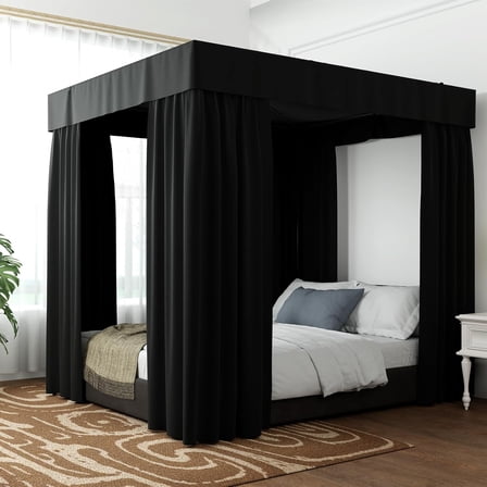 Black Canopy Bed Curtains - 4 Corner Post Bed Curtains Queen Bed Curtain Lightproof Drapes Bed Canopy for Adults & Girls Bedroom Decoration (Queen,Black)