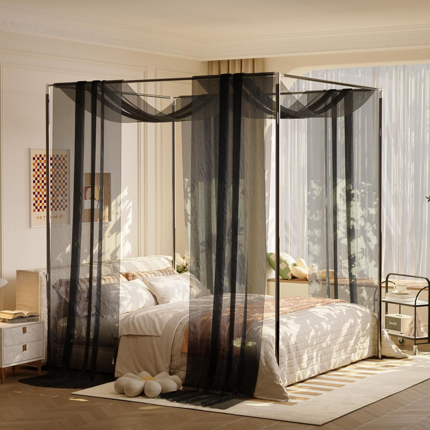 lazyzzz Black Canopy Bed Curtains for Full/Queen/King Metal/Wood Canopy Bed Frame, Princess Bed Canopy Scarf for Girls-2 Panel Sheer Curtain 39.4" W x 315" L
