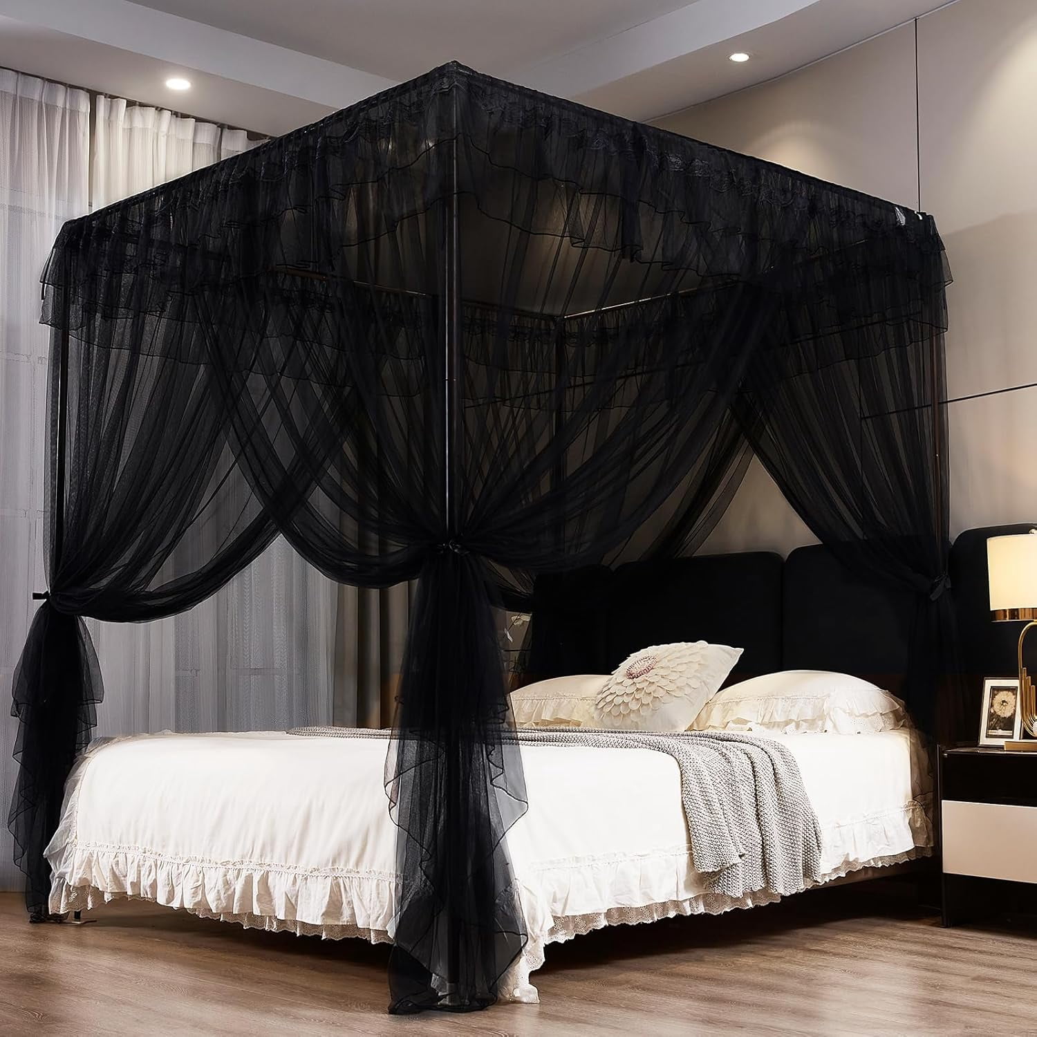 Black Canopy Bed Curtains for Girls & Adults, Queen King Bed Canopy Drapes Netting, Practical Mosquito Net for Bed (Queen-64 W*78" L*82"*H)