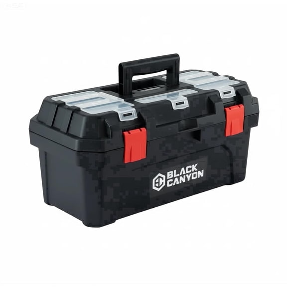Black Canyon 17" Plastic Tool Box, 44 lbs Capacity, Polypropylene, Dual-Layer Top Storage, Stackable, Portable Handle for Workshop & Jobsite