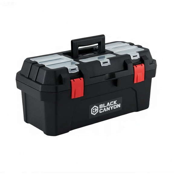 Black Canyon Tool Box - 19 Inch Plastic Dual-Layer Design, 44 lbs Load Capacity Portable Tool Box, Ergonomic Handle, Stackable & Top-Lid Storage, Perfect for DIY, Workshop & Job Site Organization