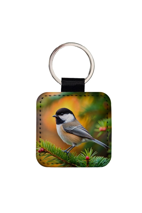Black Capped Chickadee Backyard Bird Faux Leather Square Keychain