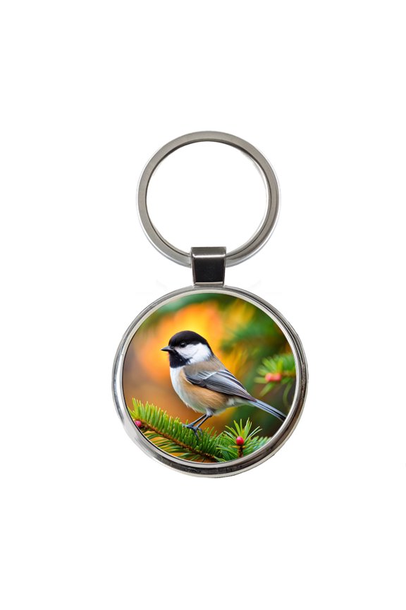 Black Capped Chickadee Backyard Bird Metal Round Keychain