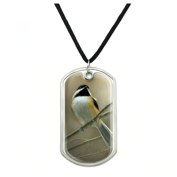 Black-Capped Chickadee Bird Songbird on Tree Branch Military Dog Tag Pendant Necklace with Cord
