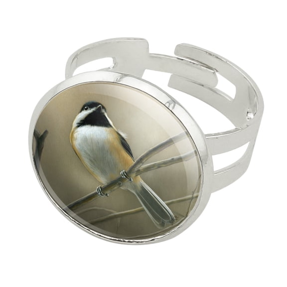 Black-Capped Chickadee Bird Songbird on Tree Branch Silver Plated Adjustable Novelty Ring