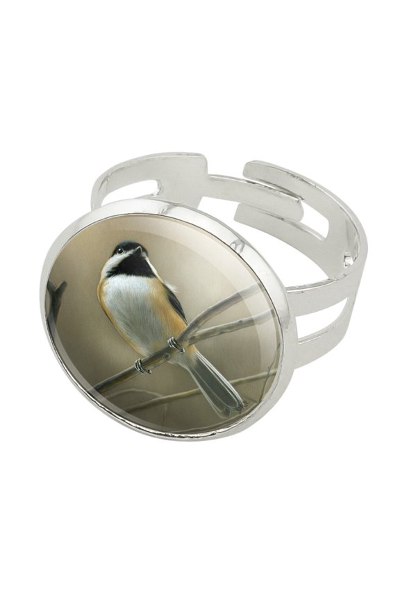 Black-Capped Chickadee Bird Songbird on Tree Branch Silver Plated Adjustable Novelty Ring