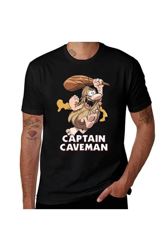 Black Captain Caveman Mens T Shirts Cotton Short Sleeve T-Shirt Crew Neck Tees Casual Shirt