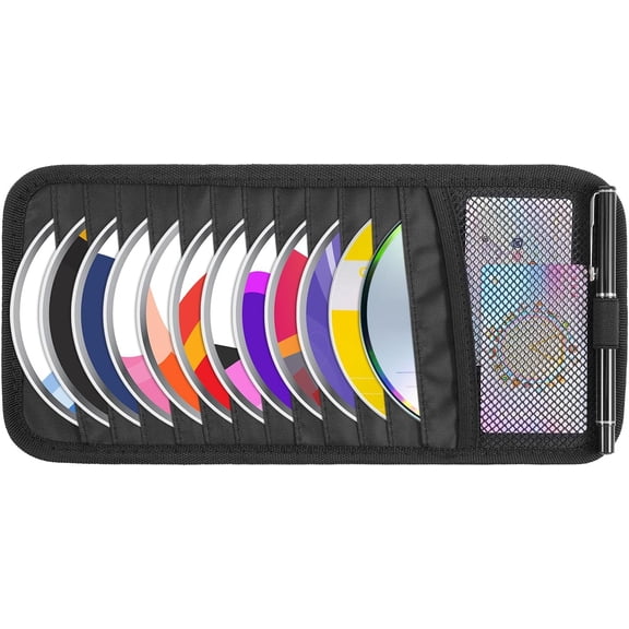 Black Car CD Case Holder DVD Vehicle Visor Storage Orangizer Large Capacity with 12 Sleeves 1 Mesh Pocket Pen and Elastic Strap