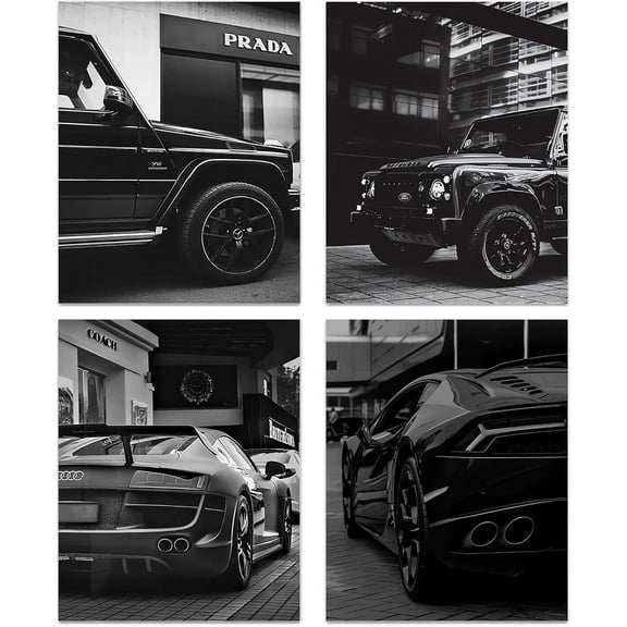 Black Car Canvas Wall Art, Street Luxury Posters, Classic SUV Sports Art Prints for Man Cave Teen Boys Room Home Decor, Posters Office Decoration, Set of 4 (8''x10'' Unframed)