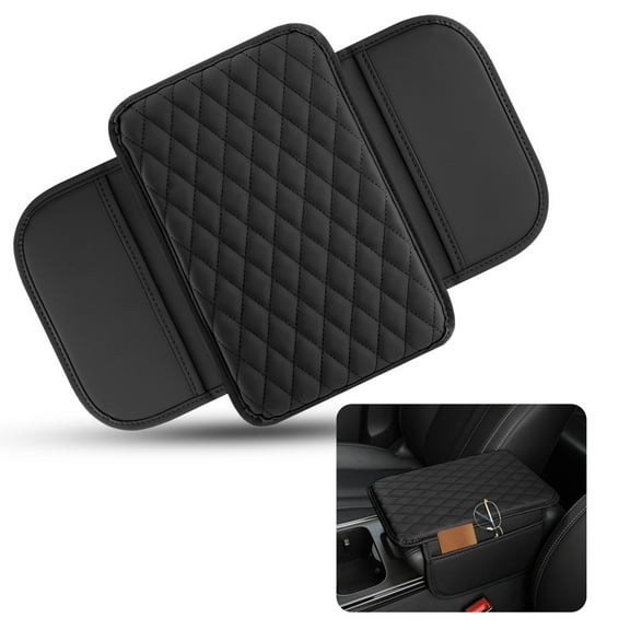Black Car Console Cover, Leather Car Center Console Cushion Pad with Sided Pockets, Protective Car Armrest Cushion for Most Kinds of Vehicles Interior Accessories