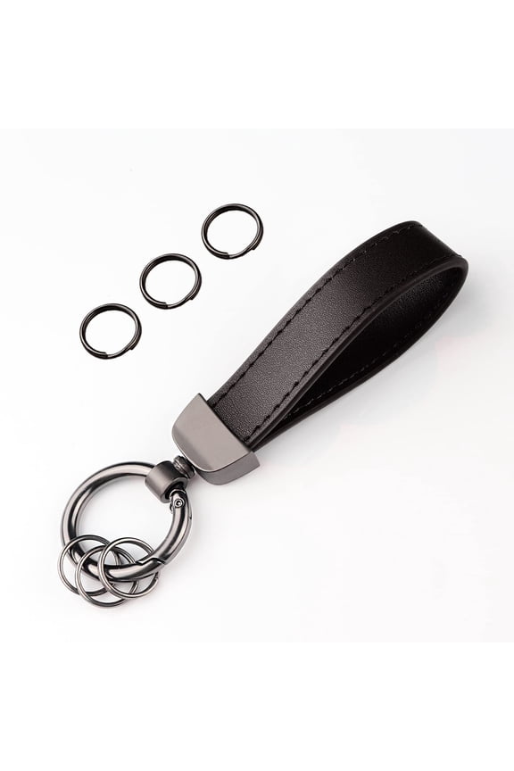 Black Carbon Fiber Interior Leather Car Keychain with Anti-Lost D-Ring, Auto Key Ring Accessory