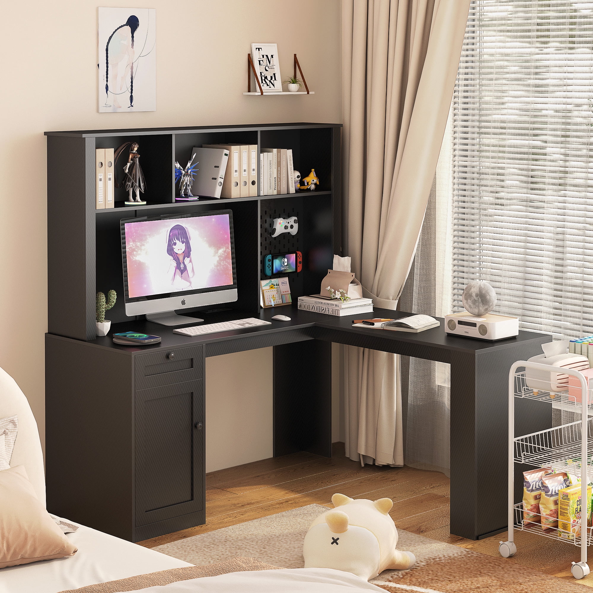 Black Carbon Fiber L Shaped Gaming Desk with Charging Station