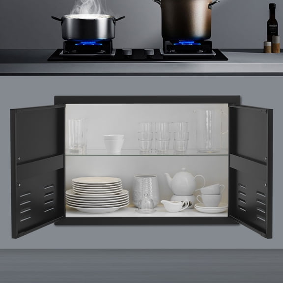 Black Carbon Steel 29.92x20.87 Inch Double Door Cabinet Door Magnetic Breathable Outdoor Barbecue Cabinet Door