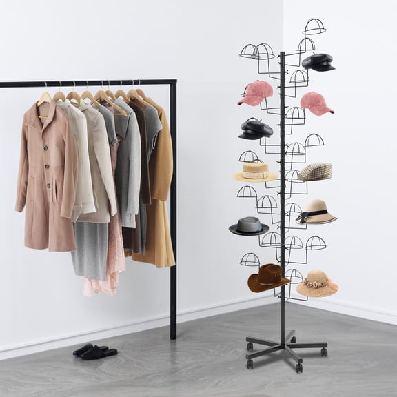 Black Carbon Steel 50*180cm Hat Rack Hanging 30 Hats With Universal Wheel Brake Movable Floor-Type Hook Rack
