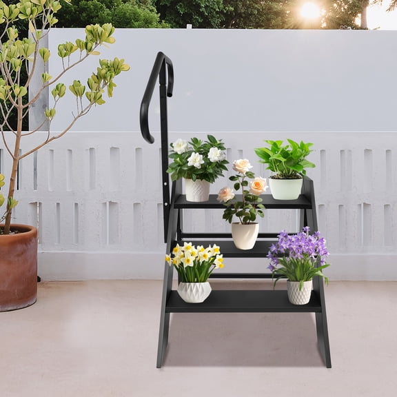 Black Carbon Steel 72.5x85cm 3-Layer Step Stool Adjustable Handrail Folding Step Ladder Household Climbing Stool