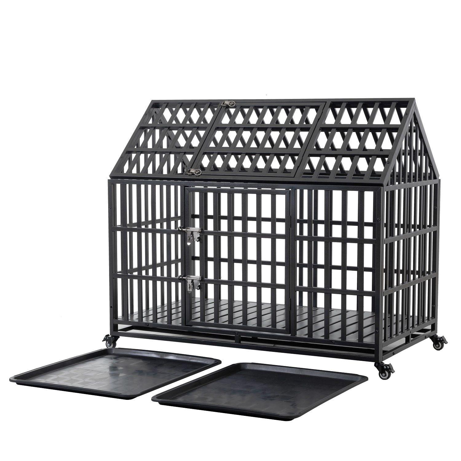 Black Carbon Steel Heavy-Duty Pet Crate, 54.7" Indoor & Outdoor Dog Kennel with Lockable Doors, Removable ABS Trays & Locking Caster Wheels