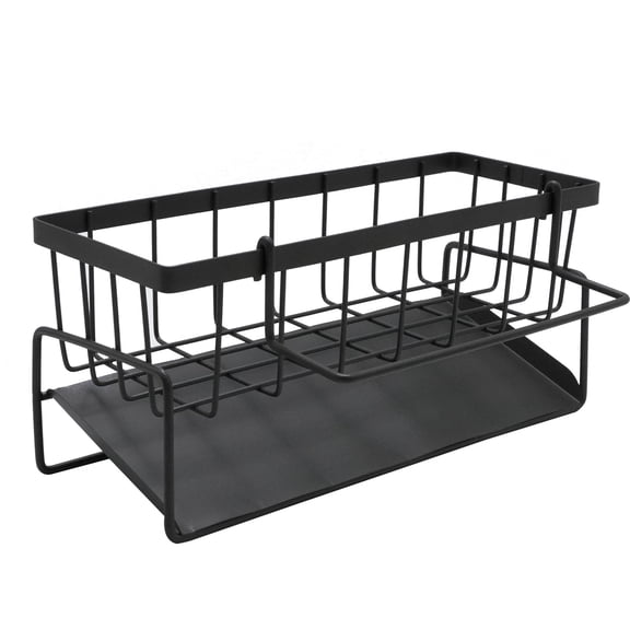 Black Carbon Steel Kitchen Sink Organizer, Sponge Dishcloth Soap Holder with Drain Tray, Detachable Hanging Rod for Kitchen Bathroom Countertop Storage