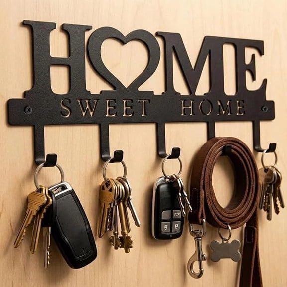 Black Carbon Steel Wall Mounted Key Holder, Home Sweet Home Entryway Decorative Organizer Rack with 5 Hooks for Keys Leashes Coats (K)