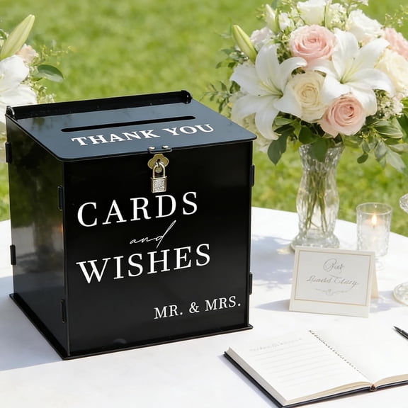 Black Card Box with Slot & Lock, DIY Large Wedding Card Boxes for Reception, Elegant Envelop Box for Party Wedding Birthday Shower Graduation Table Decor