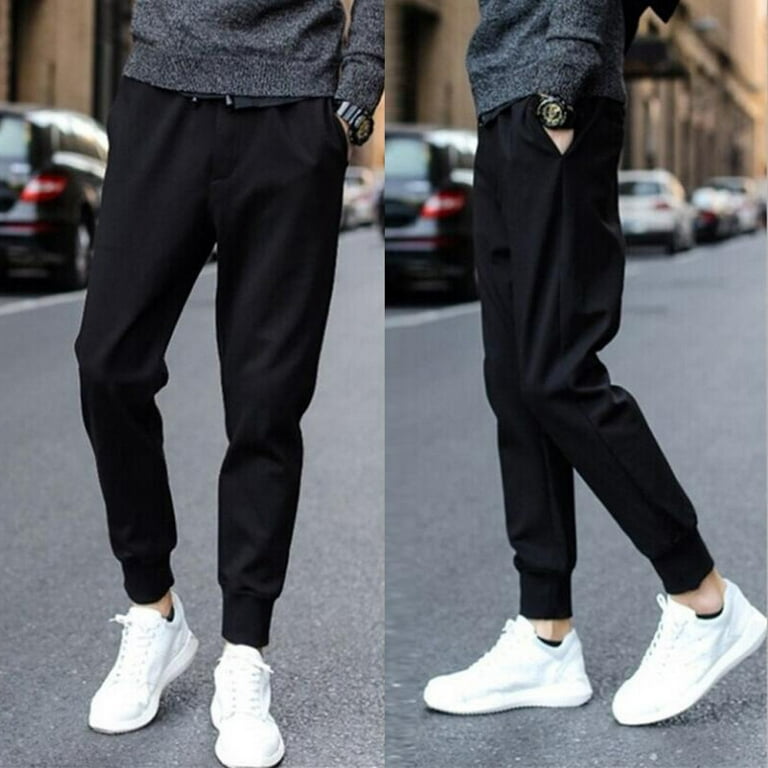 Black Cargo Pants Fashion Mens Solid Drawstring Pocket Sports Trousers  Casual Beam Feet Pants 