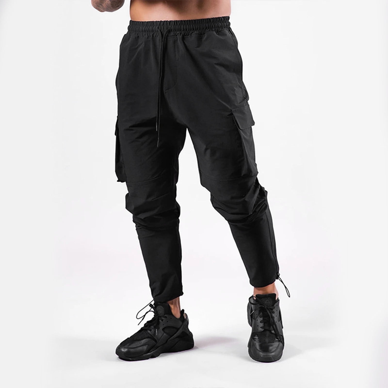 Black Cargo Pants Men S Joggers Elastic Waist Gym Running Pockets