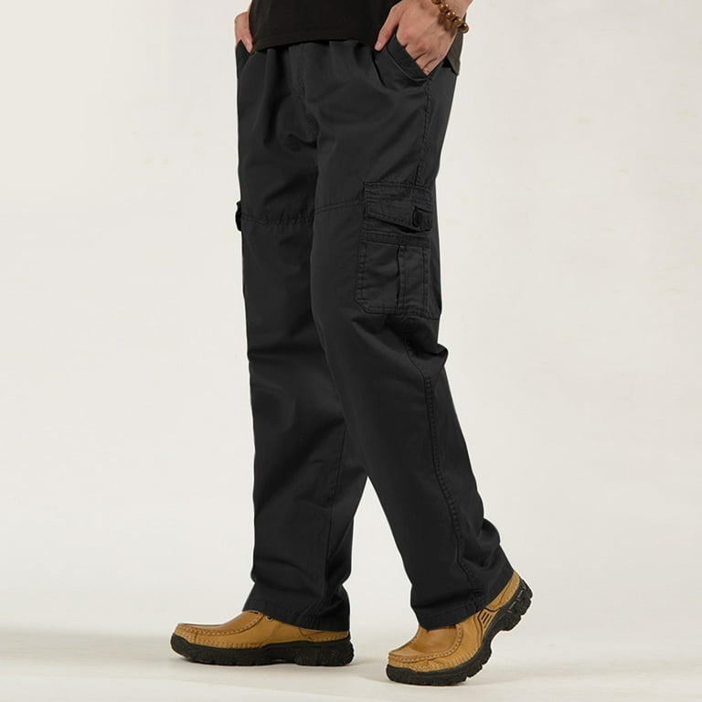 Black Cargo Pants Mens Fashion Casual Loose Cotton Plus Size Pocket Lace Up  Elastic Waist Pants Trousers