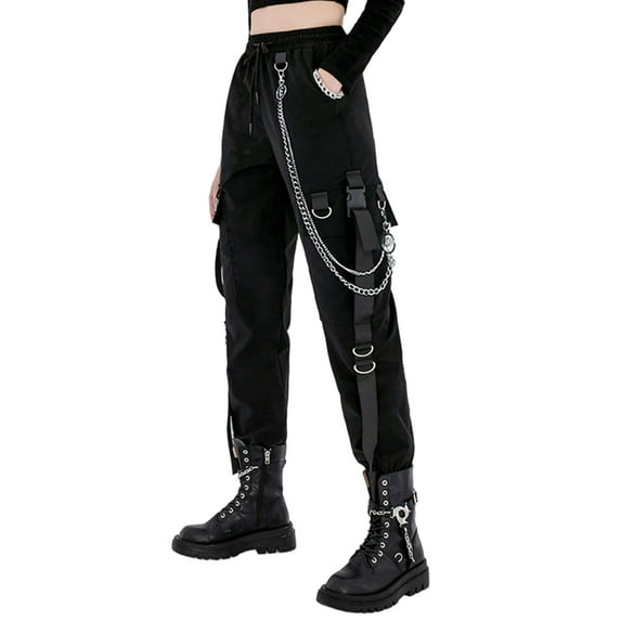 Black Cargo Pants for Women Techwear Women Loose Street Rock Style Casual Black Pants with Chain Goth Pants