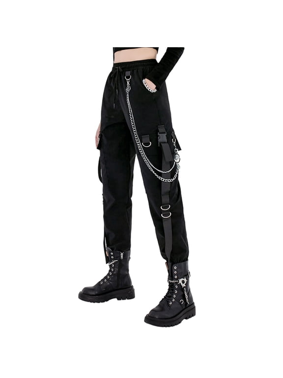 Black Cargo Pants for Women Techwear Women Loose Street Rock Style Casual Black Pants with Chain Goth Pants