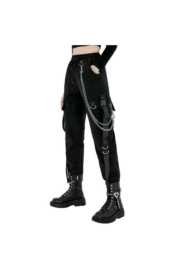Black Cargo Pants for Women Techwear Women Loose Street Rock Style Casual Black Pants with Chain Goth Pants