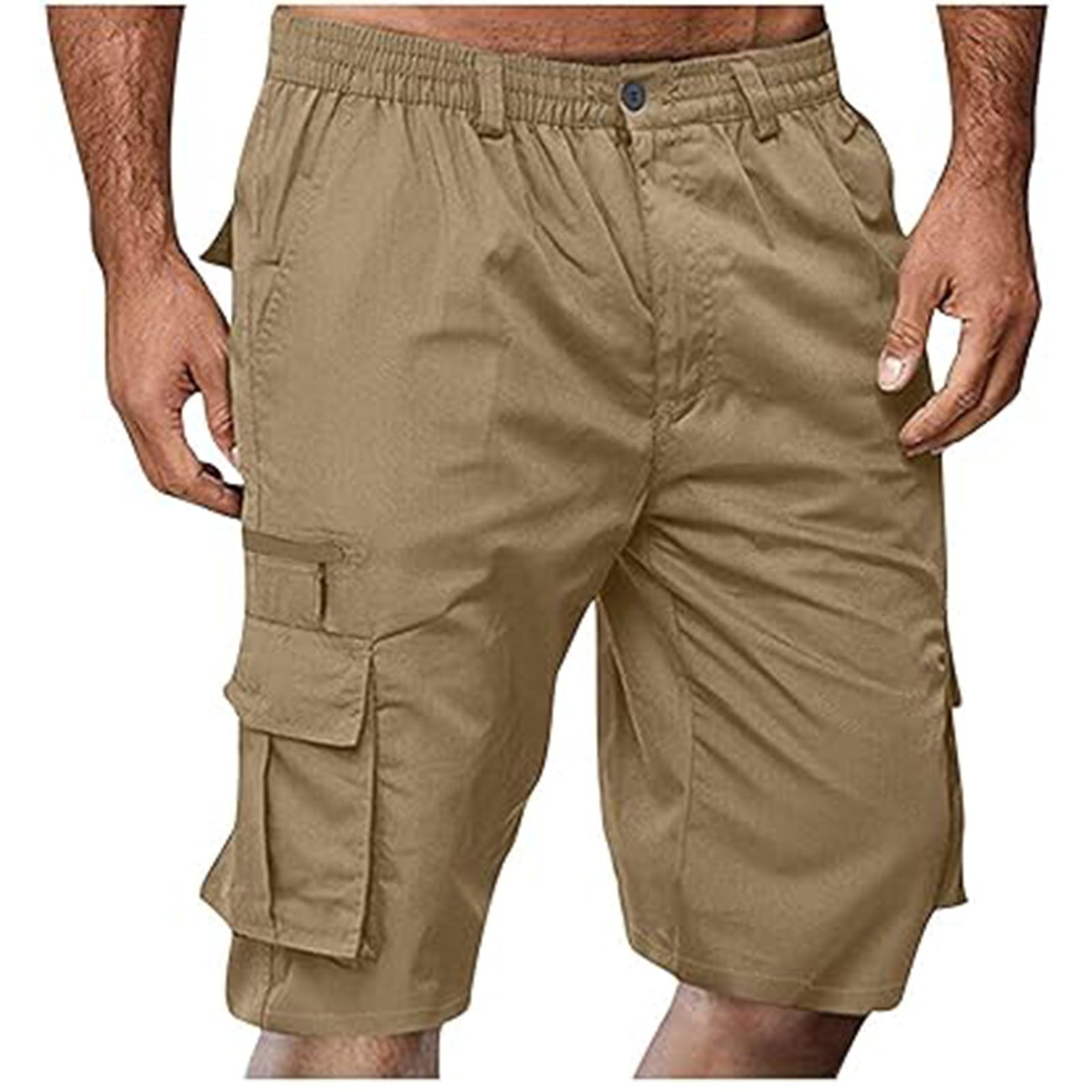 Black Cargo Work Shorts Men Trendy Elastic Waist 2024 Solid Color
