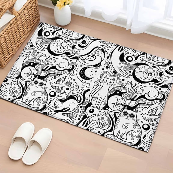 Black Cartoon Cats Entryway Rug 2'x3' Non Slip Front Door Mats, Modern Abstract Art Striped Cats Entrance Rugs Indoor Outdoor Carpet, Washable Floor Mats Small Area Rug for Bedroom Kitchen