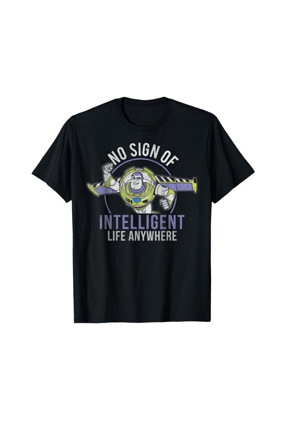 Black Cartoon Character Graphic T-Shirt with 'No Sign of Intelligent Life Anywhere' Text
