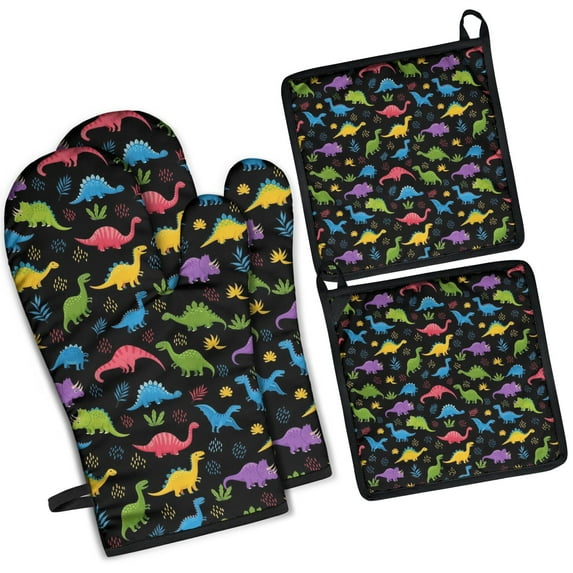 Black Cartoon Colorful Dinosaurs Plants Pattern Kitchen Oven Mitt and Pot Holder Sets 2 Pcs for Baking, Cooking and Grilling, Heat Resistant Up To 392 °F