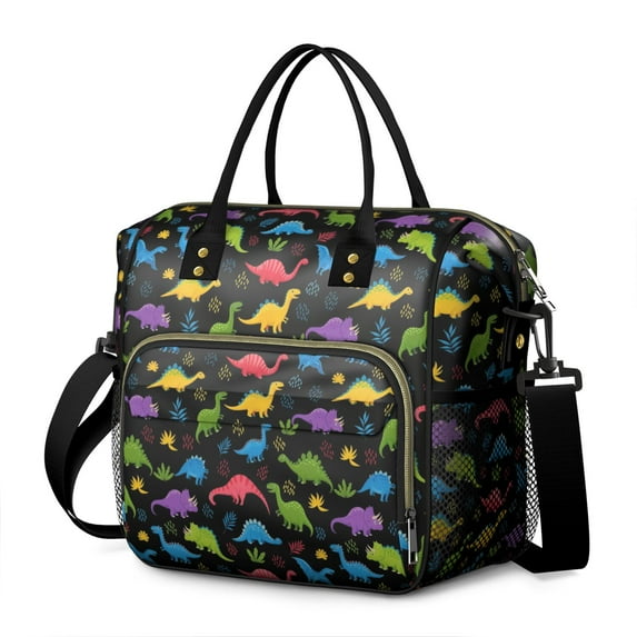 Black Cartoon Colorful Dinosaurs Plants Womens Lunch Box for Work,Insulated Large Lunch Bag for Tween and Teen,Loncheras Para Mujer,Leakproof Adult Lunch Bag for Work,Beach,Travel,Picnic,Camping