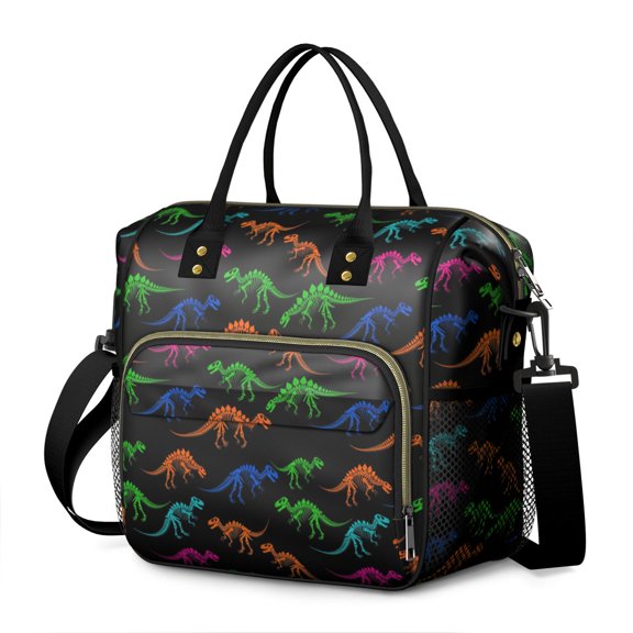 Black Cartoon Colorful Dinosaurs Skeletons Womens Lunch Box for Work,Insulated Large Lunch Bag for Tween and Teen,Loncheras Para Mujer,Leakproof Adult Lunch Bag for Work,Beach,Travel,Picnic,Camping