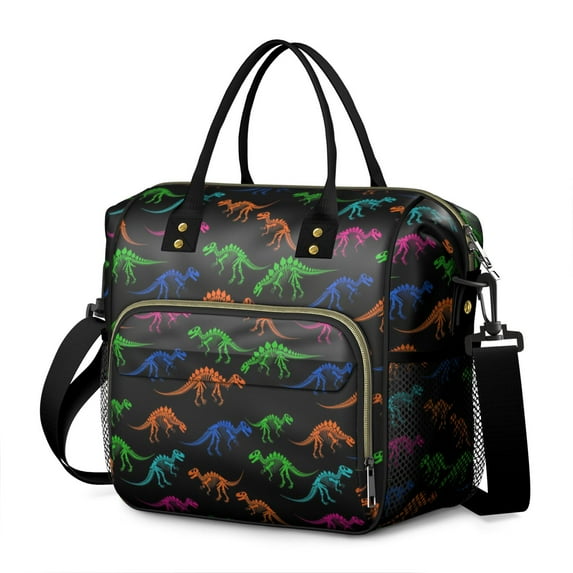 Black Cartoon Colorful Dinosaurs Skeletons Womens Lunch Box for Work,Insulated Large Lunch Bag for Tween and Teen,Loncheras Para Mujer,Leakproof Adult Lunch Bag for Work,Beach,Travel,Picnic,Camping