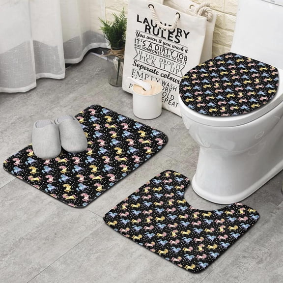 Black Cartoon Colorful Unicorn Pattern Bathroom Rugs Sets 3 Piece,Toilet Cover Set,Absorbent Non Slip Bathroom Mats Sets with U-Shaped Contour Rug Toilet Rug Set