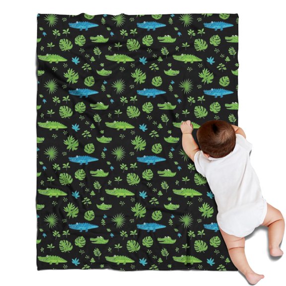 Black Cartoon Crocodiles Leaves Pattern Blanket,Comfortable Soft Flannel Throw Blanket,All Season,Warm Lightweight Blankets for Sofa Bed Couch Living Room Chair,30"x40"