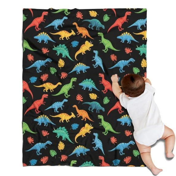 Black Cartoon Dinosaurs Colorful Leaves Pattern Blanket,Comfortable Soft Flannel Throw Blanket,All Season,Warm Lightweight Blankets for Sofa Bed Couch Living Room Chair,30"x40"