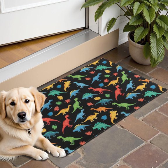 Black Cartoon Dinosaurs Colorful Leaves Pattern Door Rugs,Washable Non Slip Door Mats Indoor,Decorative Door Mats,Entry Mat Indoor for Entrance,Bedroom,Kitchen,Bathroom,16"x24"