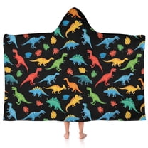 Black Cartoon Dinosaurs Colorful Leaves Pattern Hooded Bath Towel，50"x30" for Ages 3 To 12 Kids, Quick Dry Lightweight Soft Microfiber Hood Beach Towel Cover Up for Kids